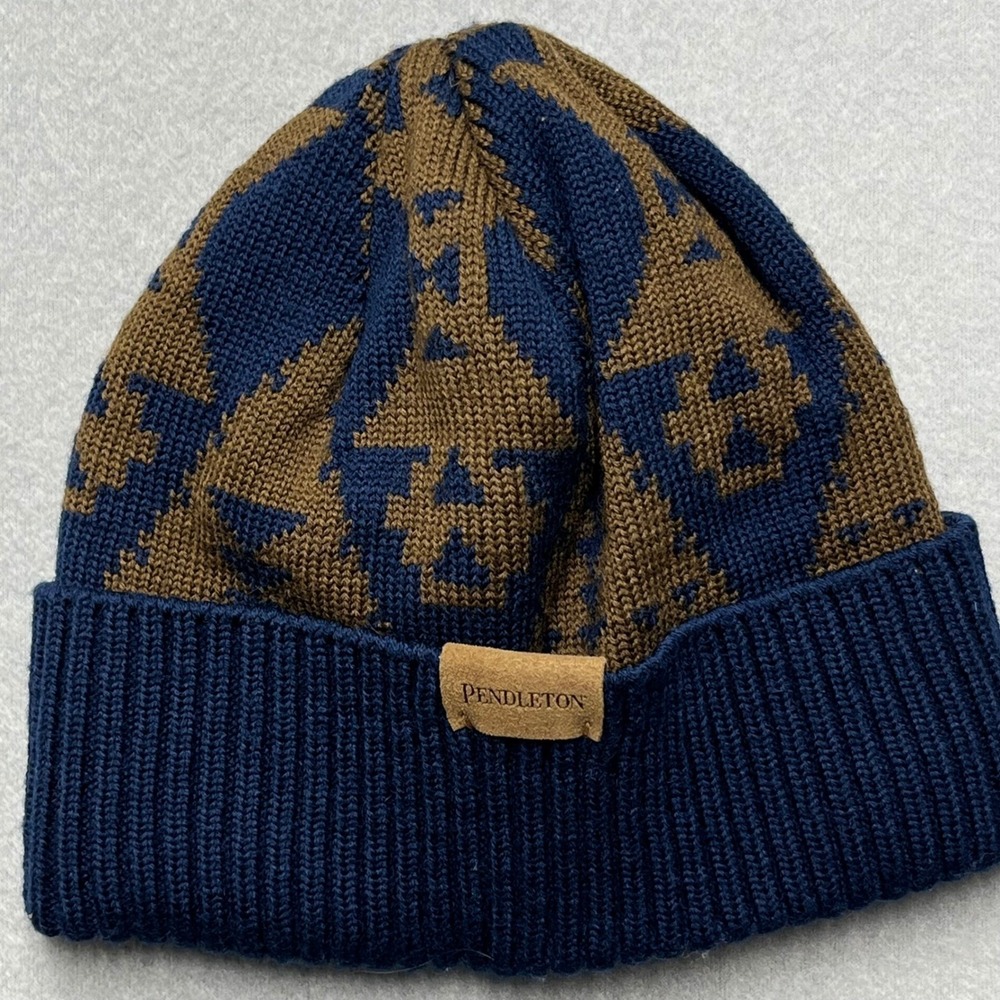 Pendleton Southwestern wool Knit Beanie Hat Blue Brown Tribal Aztec Watch Cap